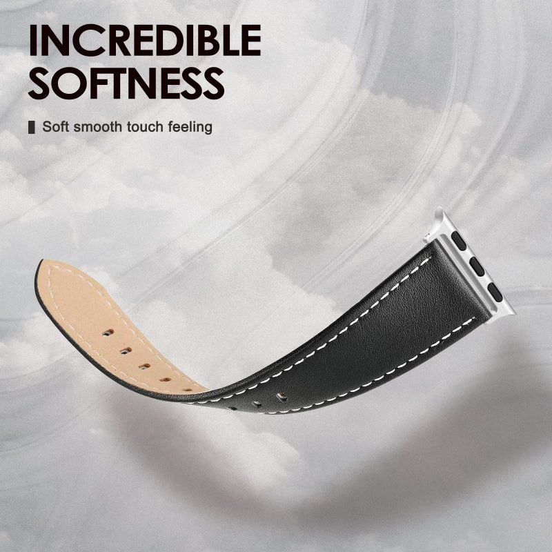 SWEES Leather Band Compatible for Apple Watch 42mm 44mm 45mm, Genuine Leather Replacement Wristband Strap Compatible iWatch Series 7 6 5 4 3 2 1 SE Sports & Edition Men And Women, Classic Black - Image 4